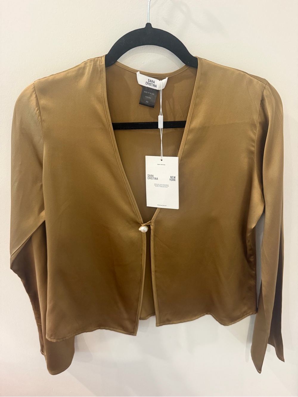 NWT Sara Cristina Nerea Pearl Silk Blouse Top Camel Gold size XS
